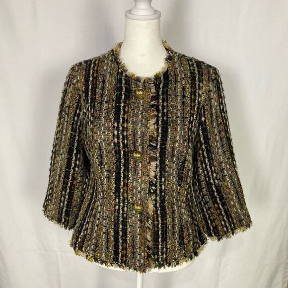 CaBi Tweed Blazer Sz Medium Multicolor Short Length Fringe Boho Business Gold - Picture 1 of 8